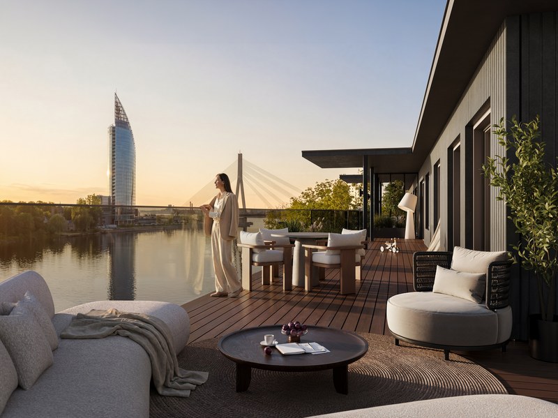 Terrace at Blue Marine Residence with a view of the Daugava